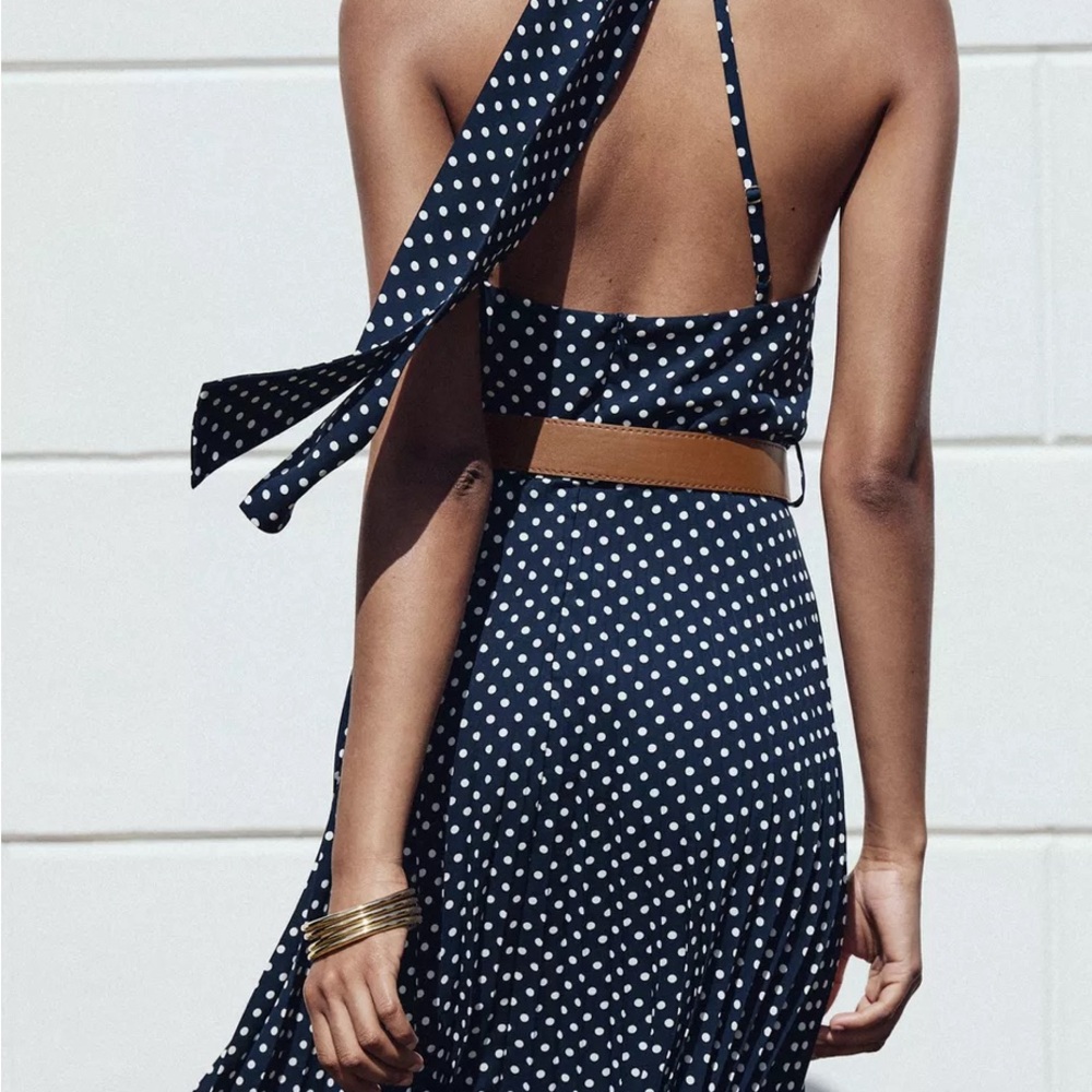 NWT Zara Women’s Polka Dot Midi Halter Dress Blue & White Belted XS 3555 - Picture 4 of 12